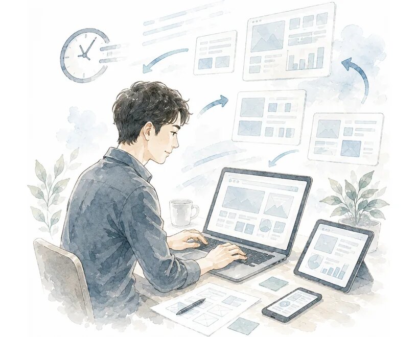 画面がつながっていく様子を確かめながら、動くデモをつくっている様子