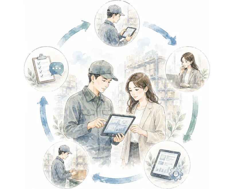 倉庫の現場で担当者にタブレットを見せ、使い勝手を確かめている様子