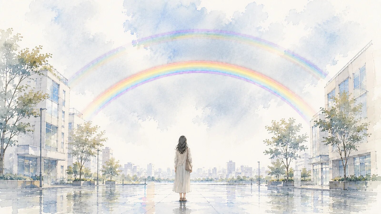 雨上がりの街で、ビルのあいだに架かるダブルレインボーを見上げる人の水彩イラスト