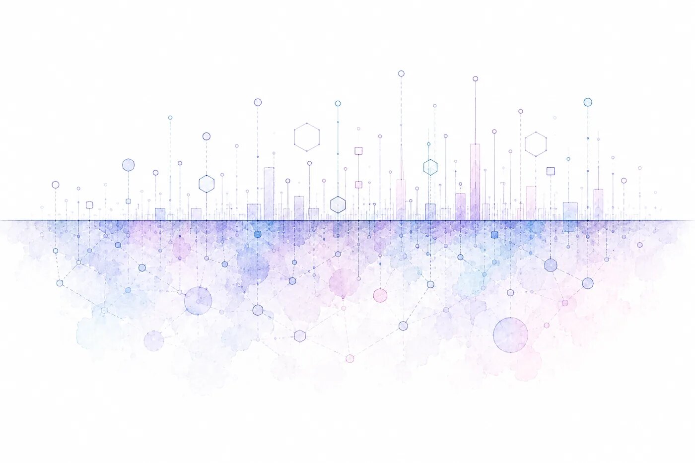 水面の上にあらわれた情報の下に、より多くのデータと関係性が広がっていることを表した水彩のイラスト