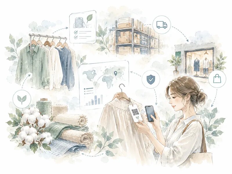 ハンガーの服、布地、倉庫、店舗、スマートフォンでタグを読み取る人が描かれたアパレルの流通の様子