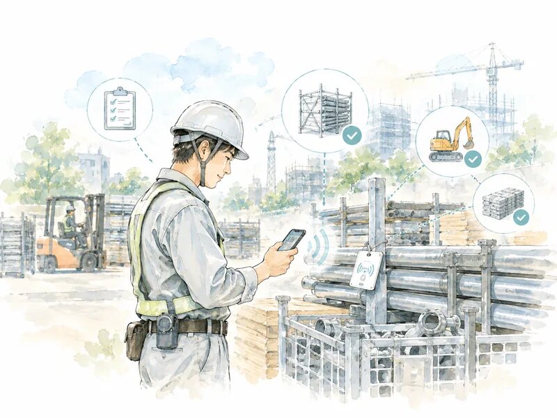 建設現場で、作業員がスマートフォンで仮設機材のタグを読み取っている様子
