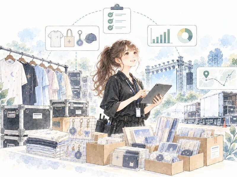 イベントの物販会場で、スタッフがタブレットでグッズや機材を管理している様子