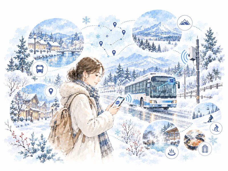 雪の街で、バスや観光地の情報をスマートフォンで確かめている旅行者の様子