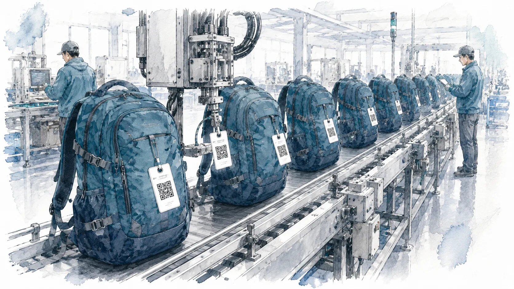 量産ラインを俯瞰する構図。同型のバックパックが等間隔で流れ、ロボットアームがタグを自動で装着していく。作業者は製品に触れず、離れた位置でモニタと在庫を確認している