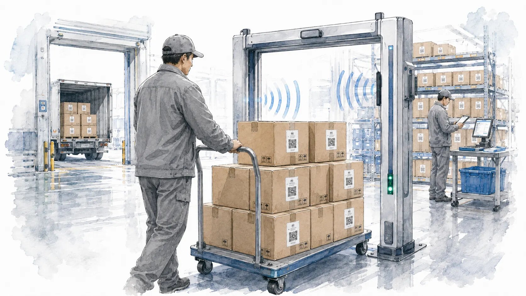 倉庫の出荷口。複数のQRタグが付いた段ボールを積んだ台車を、作業者がRFID読み取りゲートへ通している。ゲートは電波を発し、奥では別の作業者が端末で在庫を照合している