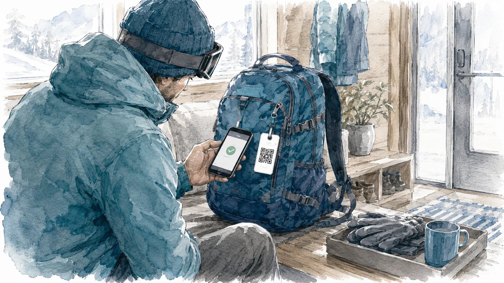 山小屋の玄関。バックパックに付いたタグへスマートフォンをかざす瞬間。画面には緑色の確認マークが表示されている