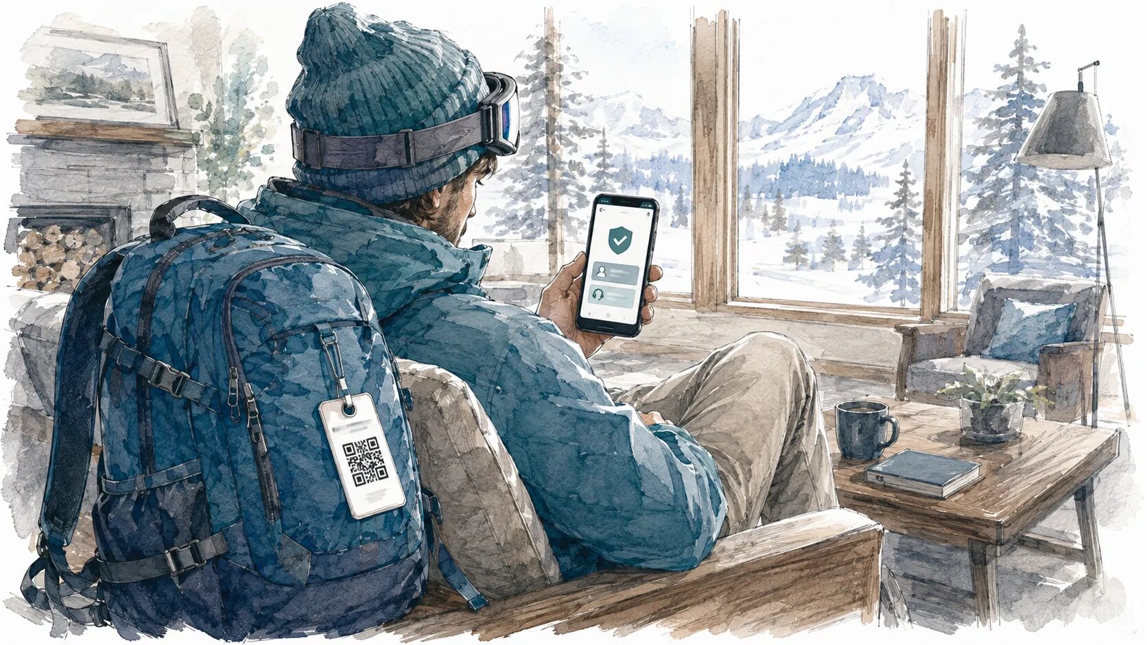 山小屋のソファ。手にしたスマートフォンに盾のアイコンと登録項目が表示され、傍らにタグの付いたバックパックが置かれている