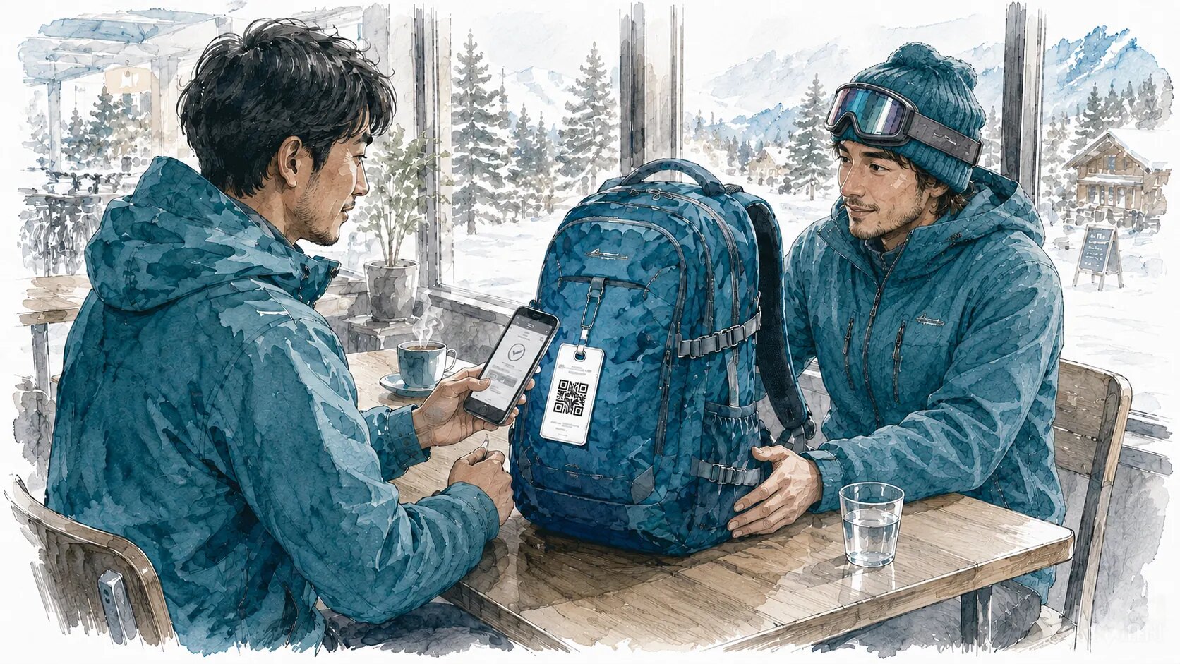 雪山のカフェ。テーブルに置かれたタグ付きバックパックをはさみ、譲る側がスマートフォンの画面を示し、受け取る側が見ている