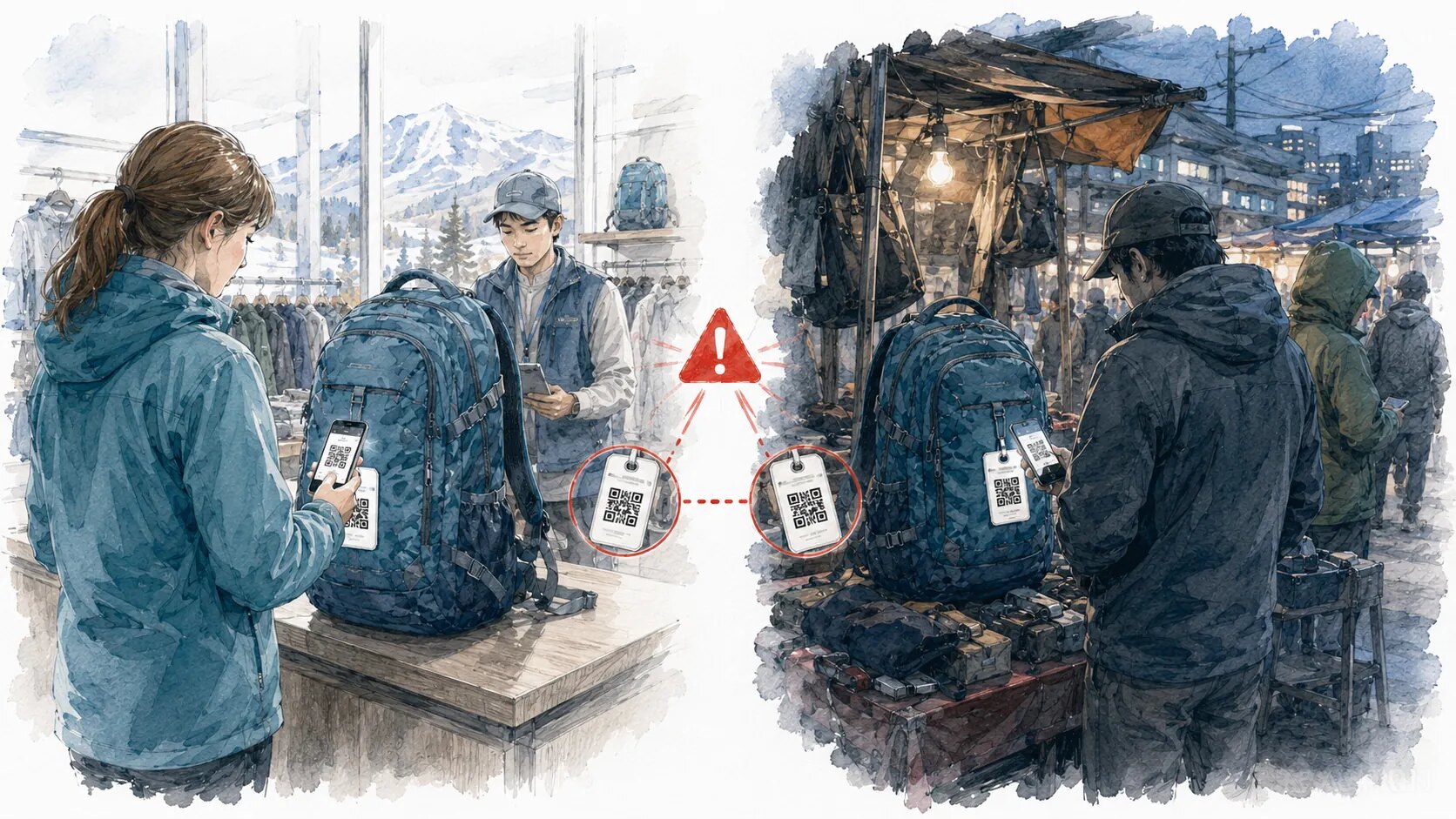 左は雪山の正規店、右は夜の露店。離れた二か所で、同じバックパックの同じタグが同時に読み取られ、中央に警告の印が示されている