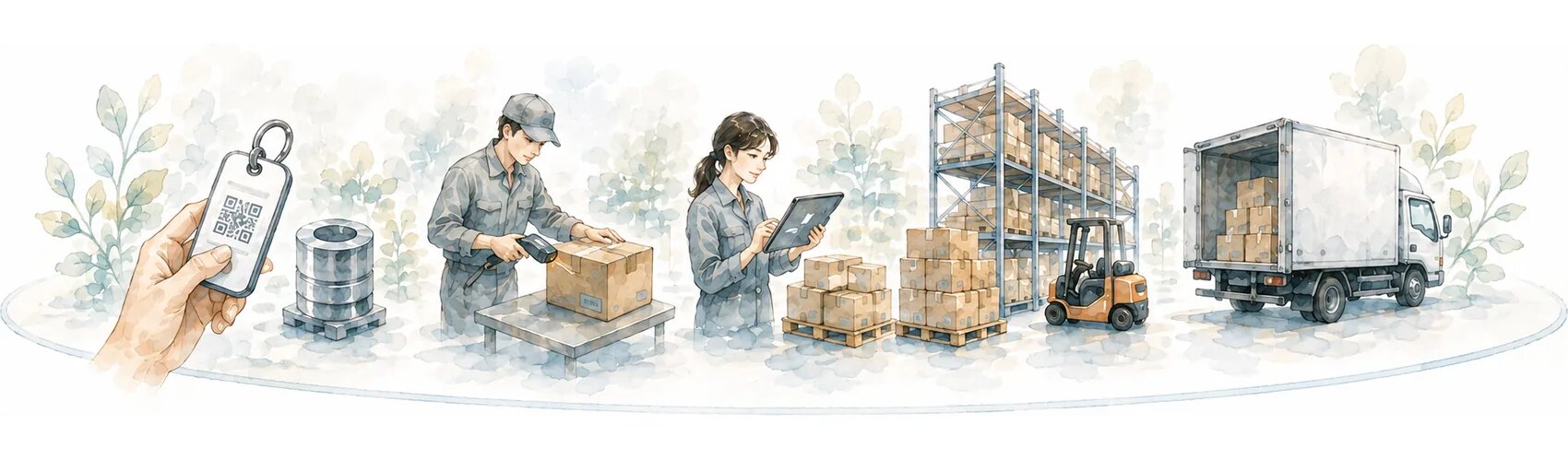 製品タグの読み取りから、製造、検品、保管、出荷まで、現場で情報を拾っていく流れ